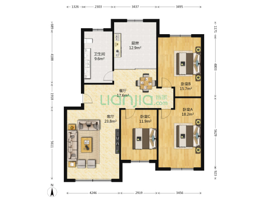 金信银都花园 3室2厅1卫 90平方