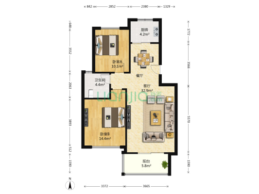 睿智楠园 2室1厅1卫 94平方