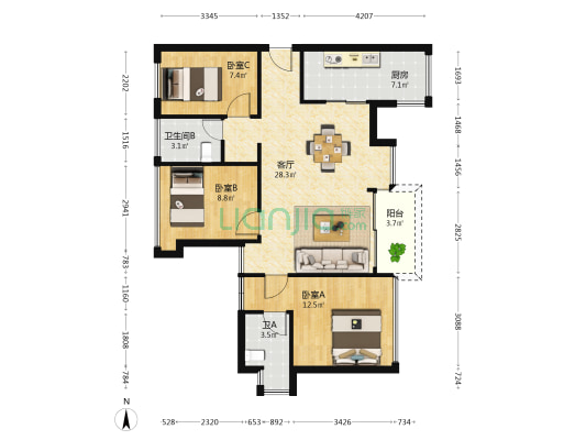 宝昌利御景御峰公馆 3室1厅2卫 88平方