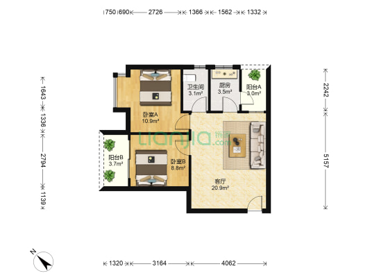 龙江阁 2室1厅1卫 75平方
