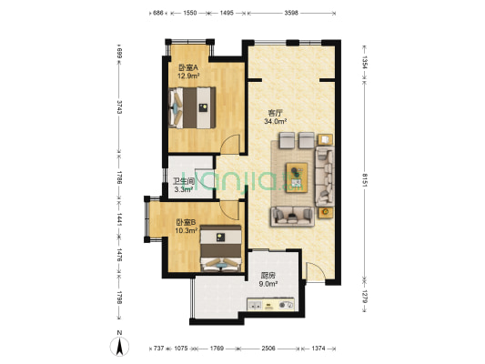 学府星天 2室1厅1卫 91平方