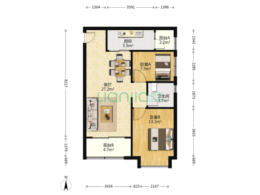 恒大荣寓 2室1厅1卫 94平方