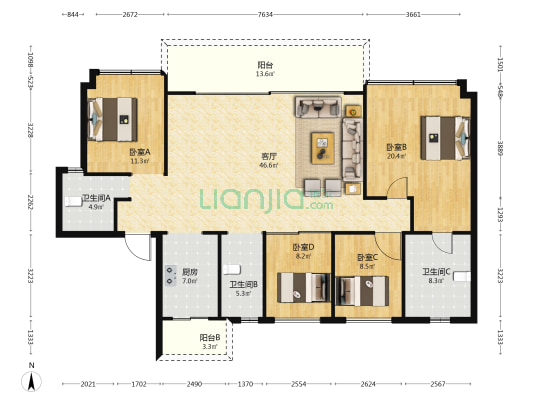 新力郦园 4室1厅3卫 162平方
