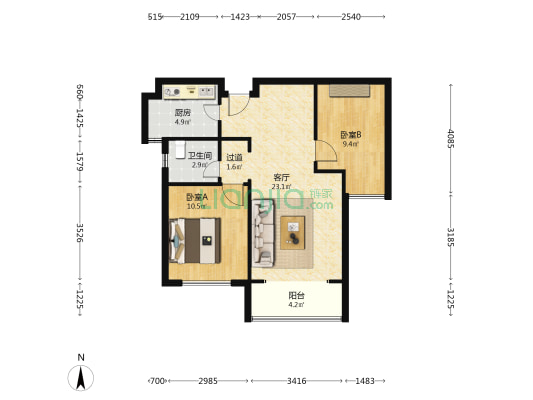 润鑫·公园壹号 2室1厅1卫 80平方