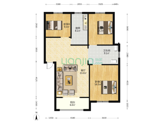 温馨家园丹枫园 3室1厅1卫 114平方