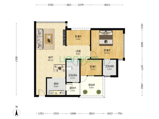 凯宇国际 3室1厅2卫 94平方