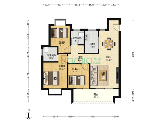 鸿海沁园 3室1厅2卫 100平方