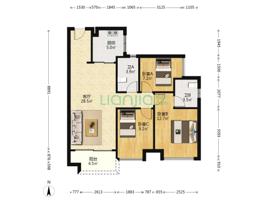 美的峯境 3室1厅2卫 95平方
