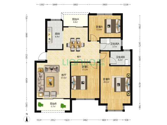 三港嘉苑南区 3室1厅2卫 124平方
