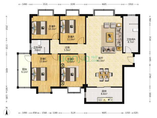 悦泰利贞大厦 4室1厅2卫 165平方
