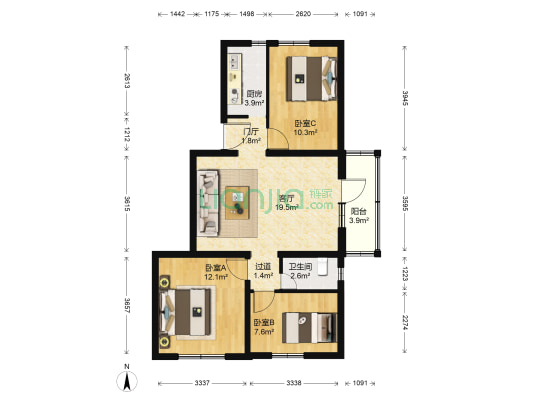 通州区第二毛线厂宿舍 3室1厅1卫 90平方