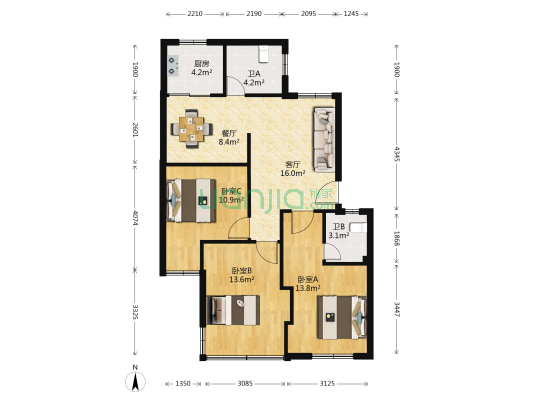 怡阳公寓 3室2厅2卫 87平方