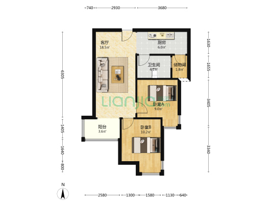 首付6万 天伦湾嘉园2居 明厨明卫 房本满二-户型图