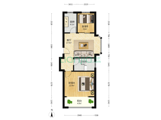 上海新城 2室1厅1卫 73平方
