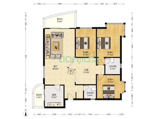五星花园 3室1厅2卫 148平方