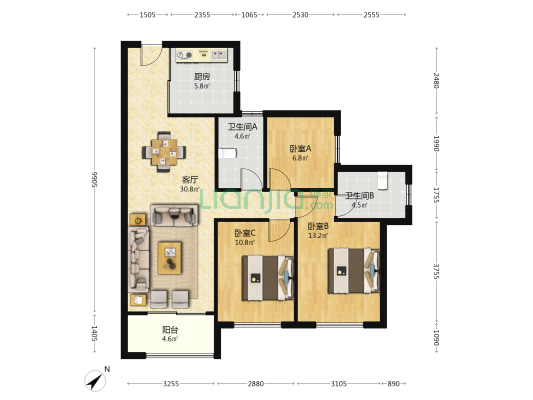 中海寰宇天下 3室1厅2卫 108平方