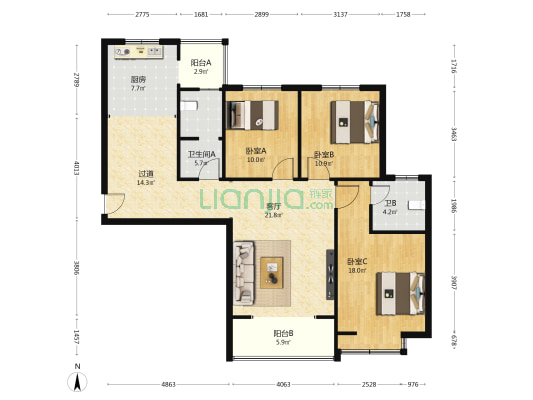 大城小院 3室1厅2卫 135平方