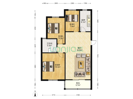 跨湖人家北区 3室1厅1卫 102平方