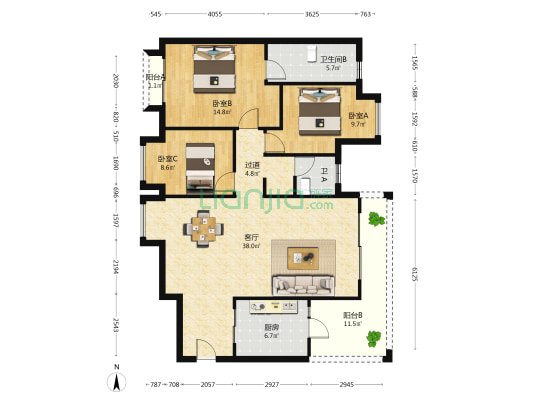 阳光美加三期 3室1厅2卫 132平方