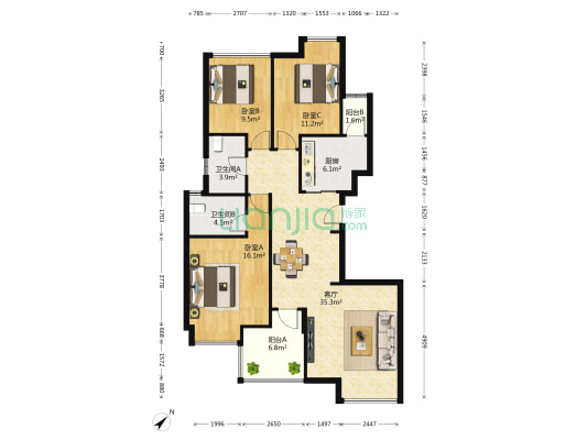 中海熙苑一期 3室1厅2卫 115平方