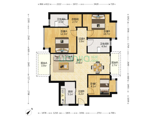 御城花园 3室1厅2卫 110平方