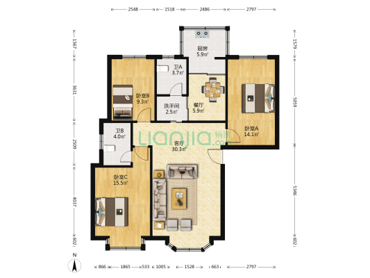 华泰庭院 3室2厅3卫 107平方