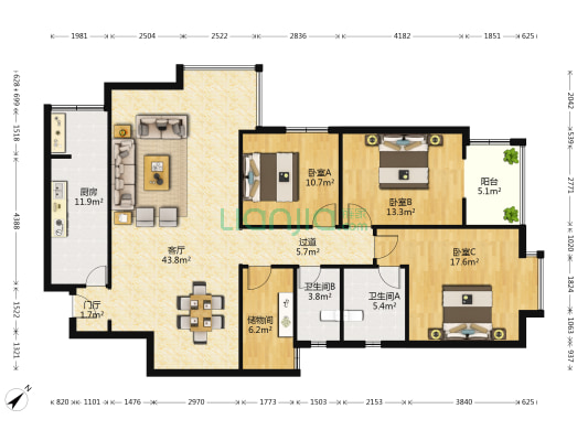 成电花园文德苑 3室1厅2卫 133平方