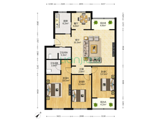 添馨苑 3室2厅2卫 136平方