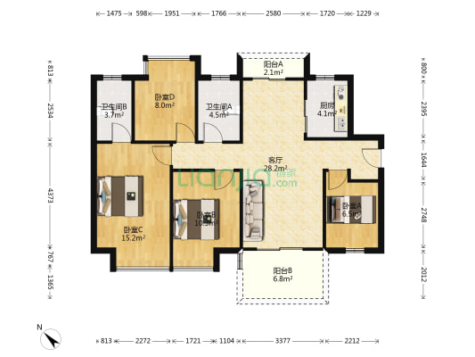 卓越蔚蓝松湖 4室1厅2卫 111平方