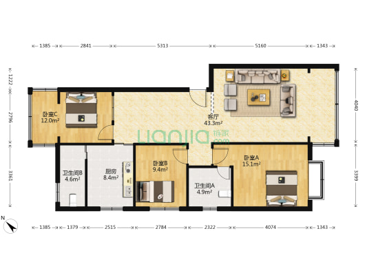 护国路商住楼 3室1厅2卫 118平方