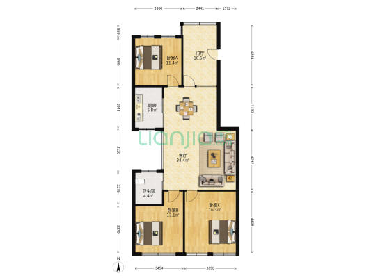 得月坊 3室1厅1卫 114平方