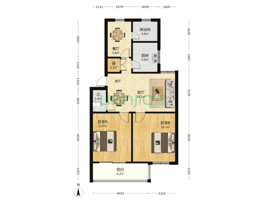 梨園 2室2厅2卫 82平方