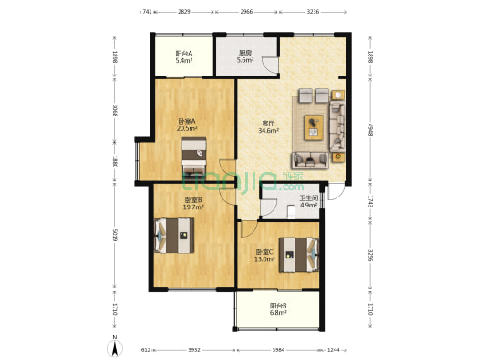 子笑人家 3室1厅1卫 125平方