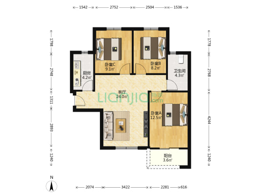 华生汉口城市广场二期 3室1厅1卫 93平方