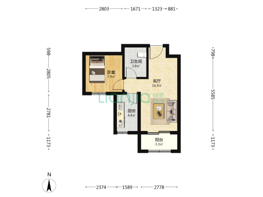 衙府居园 1室1厅1卫 54平方
