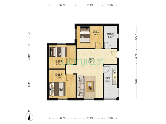 康居北巷111号 3室1厅1卫 77平方