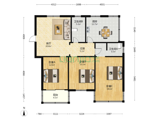 越州公寓 3室1厅2卫 119平方