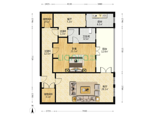 河滨大楼 1室2厅1卫 127平方