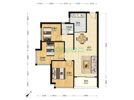 壹城中心6区 3室1厅1卫 91平方