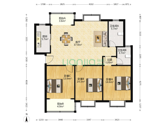 沁富佳苑 3室1厅2卫 124平方