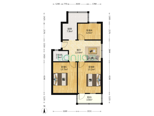 三十二中宿舍楼 3室1厅1卫 72平方