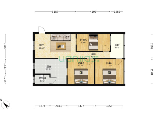 先烈路 3室1厅1卫 75平方