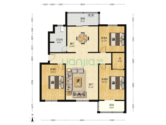 祥瑞里 3室2厅1卫 130平方
