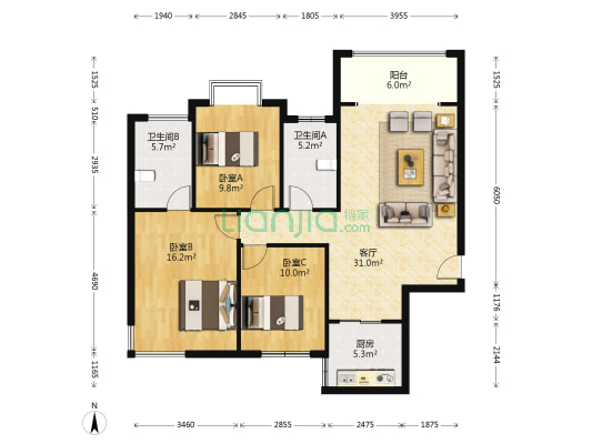 顺海花园 3室1厅2卫 115平方