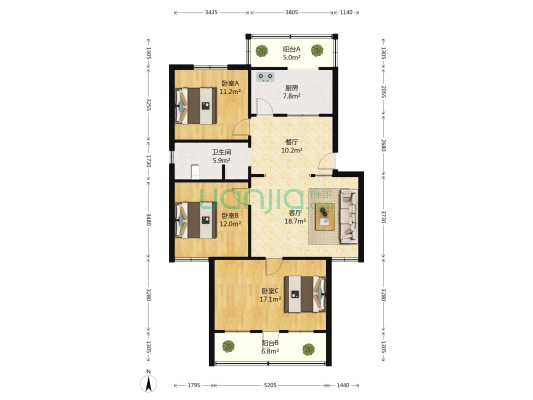 迎宾路71号院 3室2厅1卫 113平方