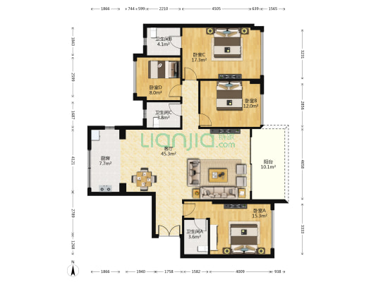 阳光粤海 4室1厅3卫 165平方