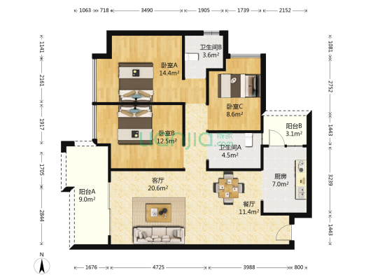 乐观 3室2厅2卫 100平方