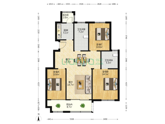 东皋新村 3室2厅2卫 126平方
