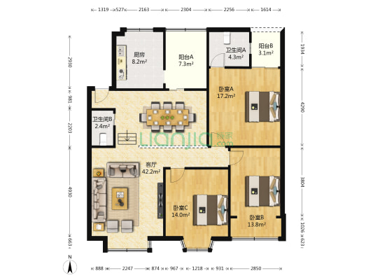 扬名居 3室1厅2卫 126平方