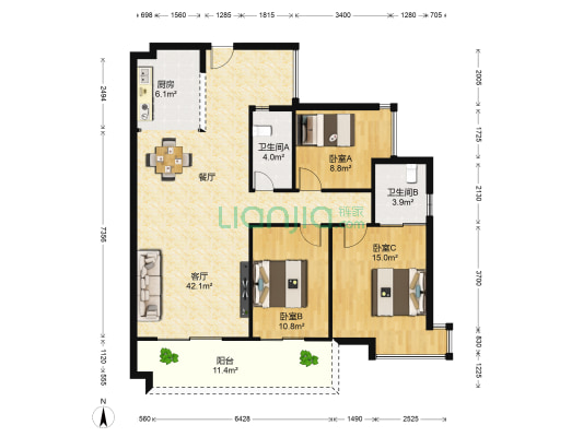 碧桂园锦绣东方 3室1厅2卫 120平方